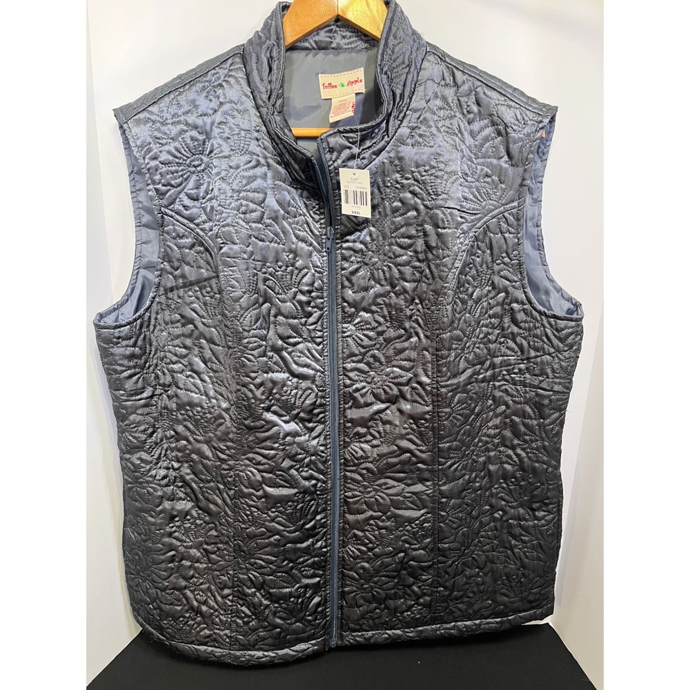 Toffee Apple Floral Quilted Vest Womens XXXL Blue Grey Full Zip Mock Neck NWT